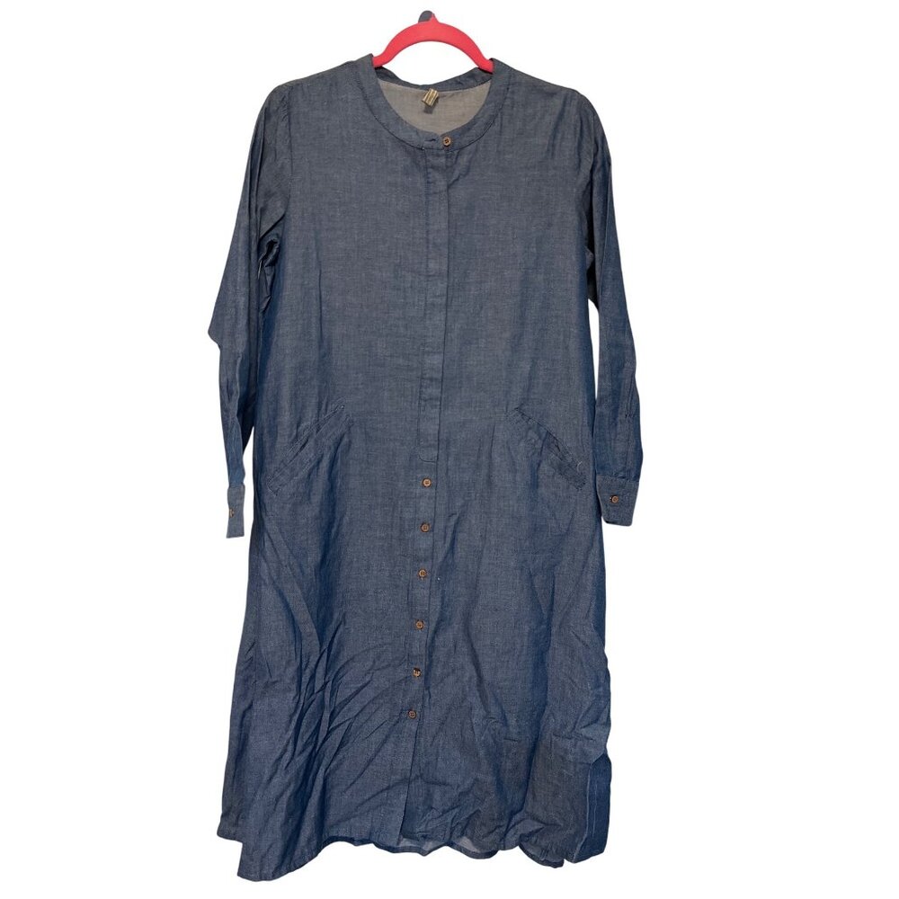 Denim-Style Cotton Tunic Dress With Hidden Buttons & Pockets Medium NWT